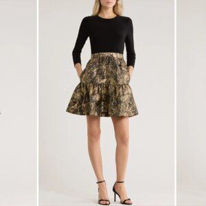 Eliza J Fit Flare Dress 8 Gold Jacquard Pockets